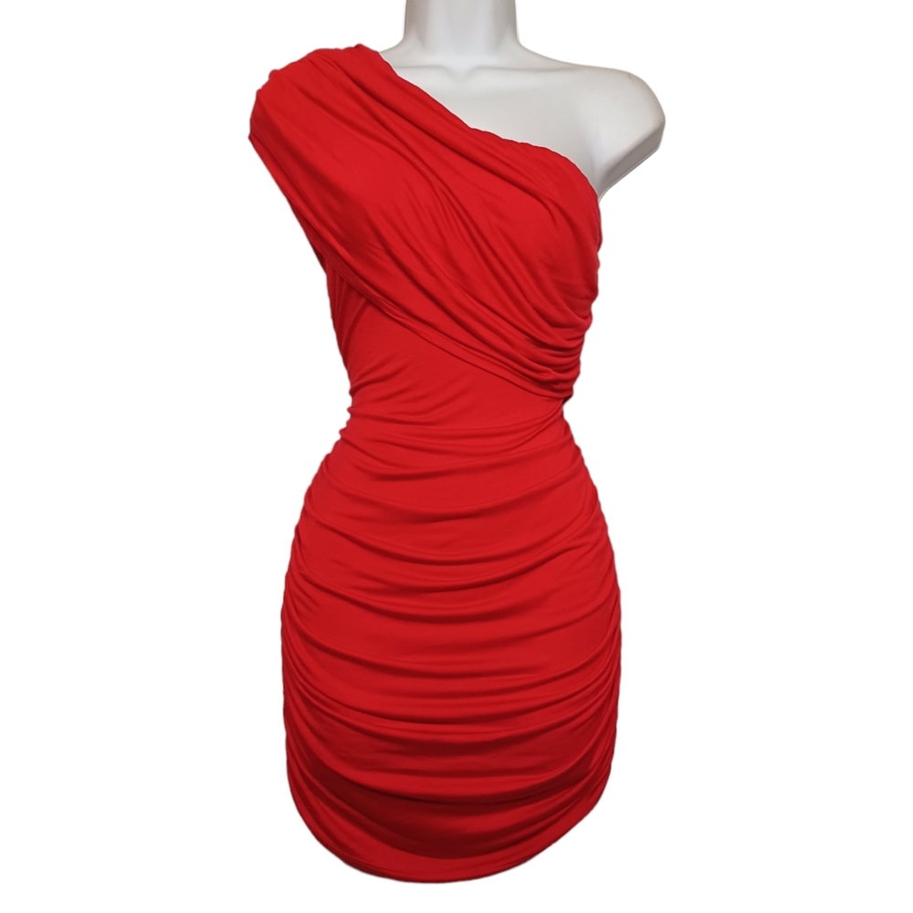 ROUTE 3 Red One Shoulder Drape Stretchy Bodycon Mini Dress Medium NWT